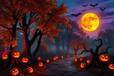 A haunted autumn forest under a full moon