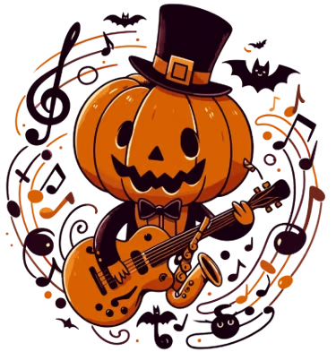 A festive pumpkin surrounded by musical notes