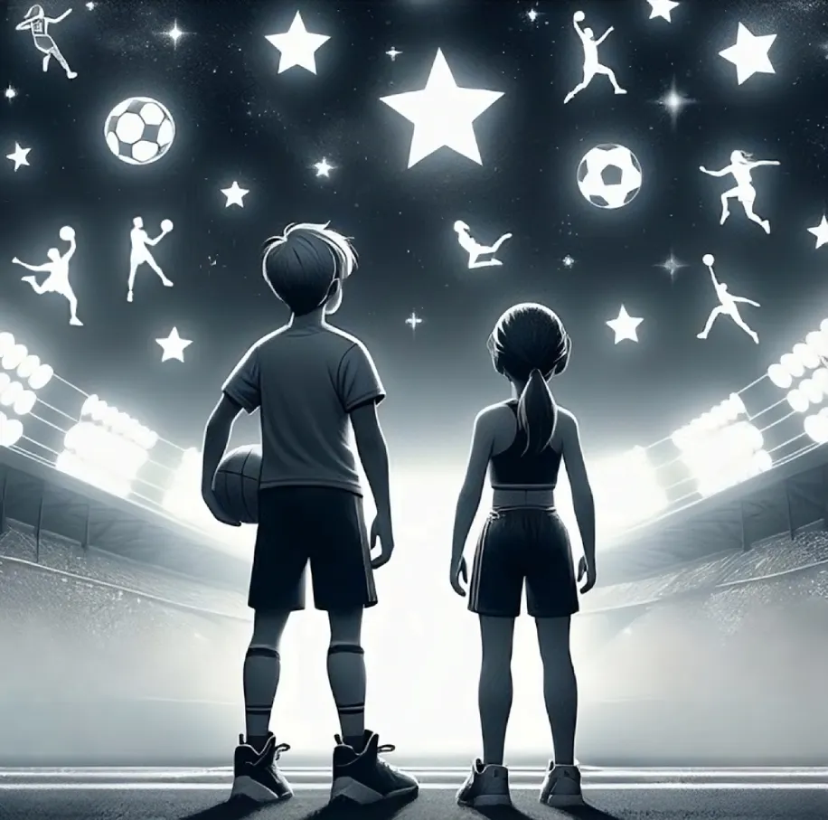 Illustration : deux jeunes sportifs face à un stade, prêts à se dépasser