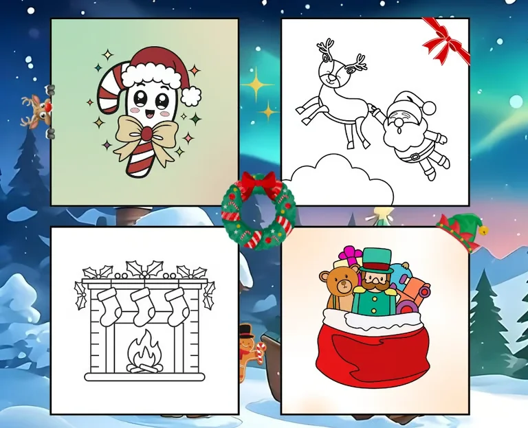 Exemples de pages de coloriage de Noël tirées du livre Rêveries d'hiver