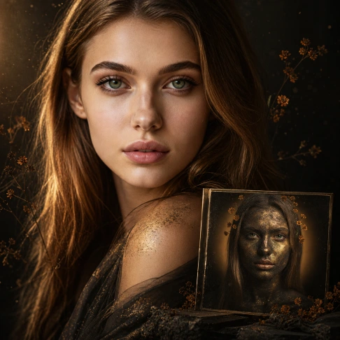 AI music artist Luna Marino beside the cover of her debut album After The Ashes, surrounded by subtle charcoal and golden light.